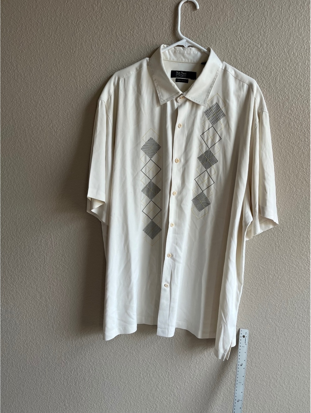 Nat Nast men’s silk shirt tan grey argyle size xxl